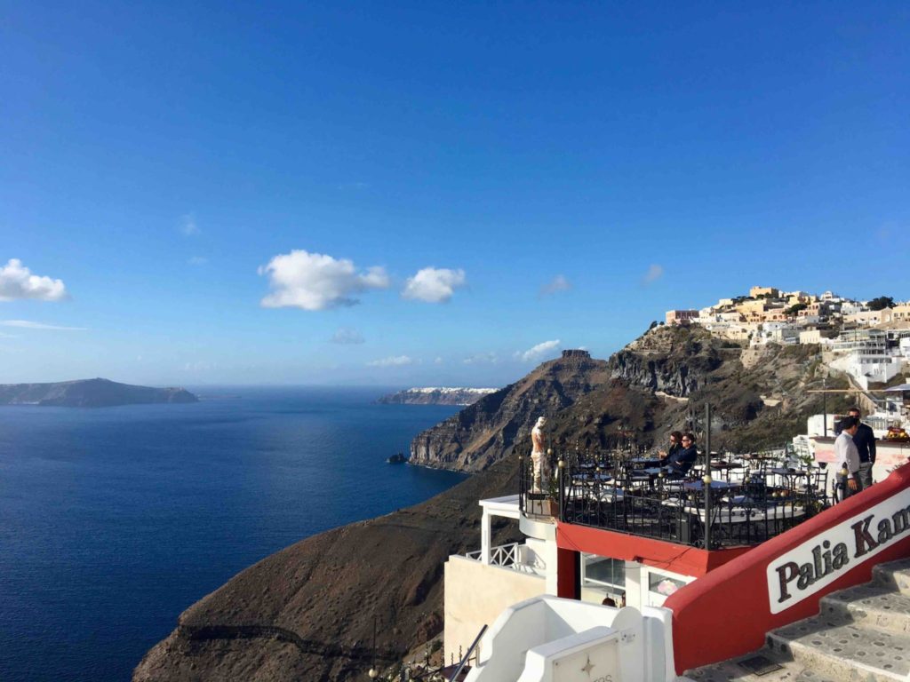 Leaving Fira you can see Firostefani above and Oia far off in the distance.