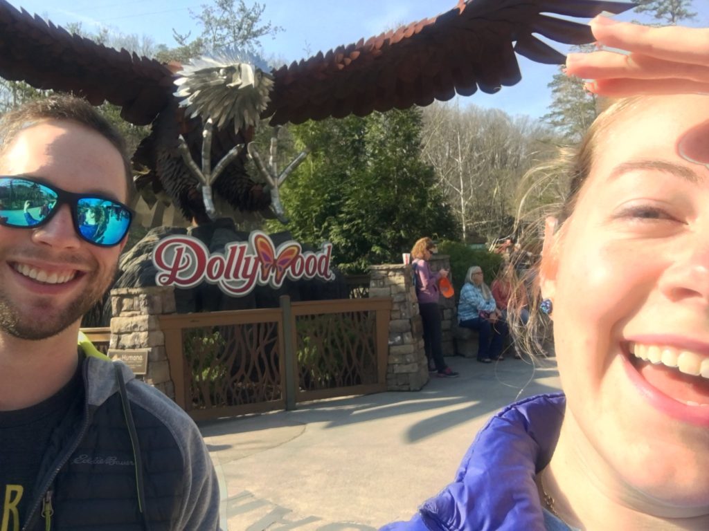Lindsey and I at the entrance to the Wild Eagle roller coaster at Dollywood