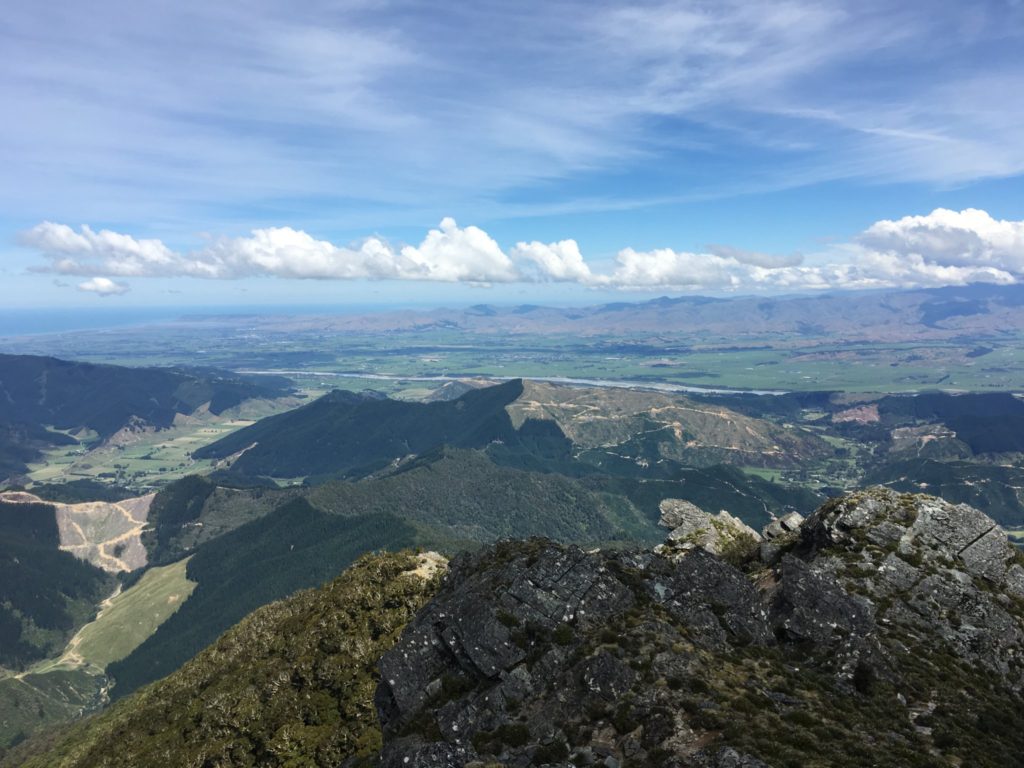 The Wairau Valley below with the town of Blenheim and the Cook Strait in the distance